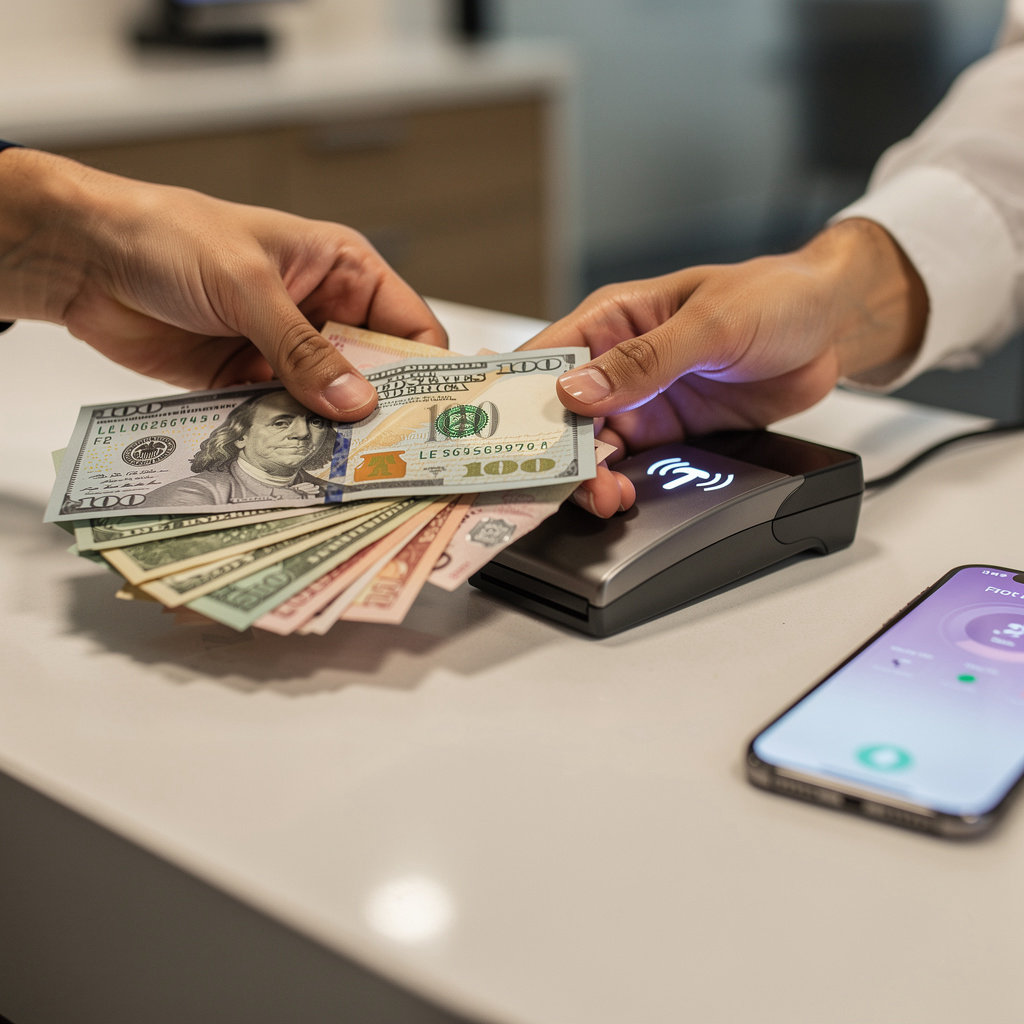 New Money Express Inc professional agent assisting a customer with an international money transfer in San Diego